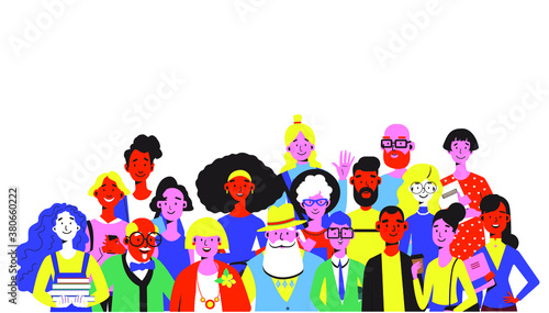 Diverse group of young and elderly men and women in multicolored clothes. Crowd of people standing together joined with happiness. Flat color trends vector illustration.