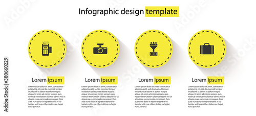 Set POS terminal, Car DVR, Lead management and Suitcase for travel. Business infographic template. Vector.