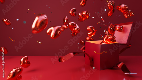 Billede på lærred Red gift box with crimson bow opens with an explosion of heart-shaped balloons