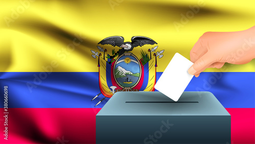 Male hand puts down a white sheet of paper with a mark as a symbol of a ballot paper against the background of the Ecuador flag. Ecuador the symbol of elections