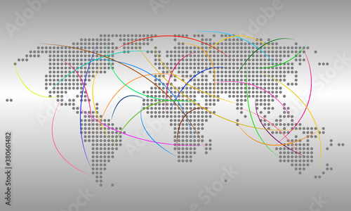 Dotted world map with color lines