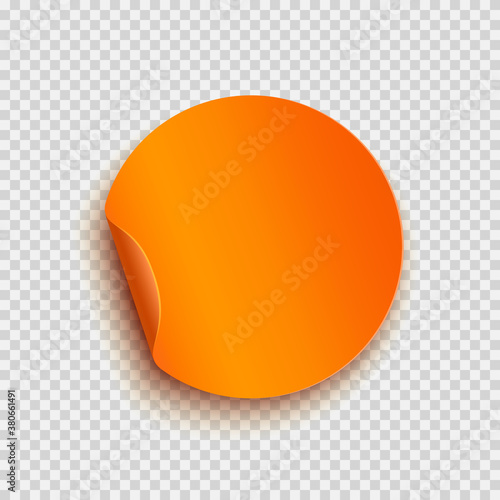 Round paper sticker with bent edge. Orange blank label isolated on transparent background. Vector circle curl banner template
