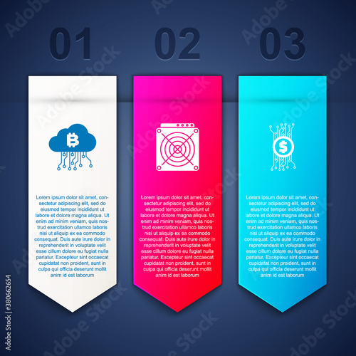Set Cryptocurrency cloud mining, ASIC Miner and bitcoin circuit. Business infographic template. Vector.
