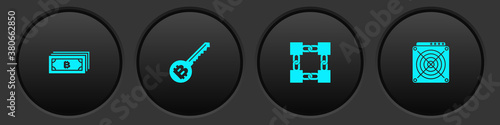 Set Cryptocurrency bitcoin, key, Blockchain technology and ASIC Miner icon. Vector.