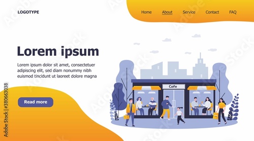 Customers walking to cafe. People of different ages enjoying lunch in diner, facade view flat vector illustration. Easing of lockdown, leisure concept for banner, website design or landing web page