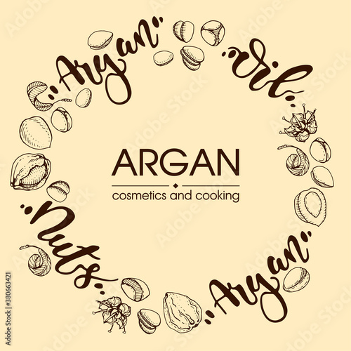 Background with branch argan tree with fruits, nuts argans, leaves, flower argans and glass bottle with oil and accessories Detailed hand-drawn sketches and lettering, vector botanical illustration.