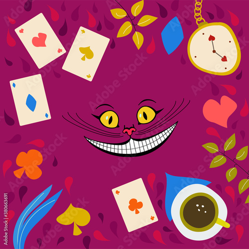 Vector illustration of a cheshire cat. Alice in Wonderland. Cat face. The head of a cat with a large mustache. eyes. The smile of a Cheshire cat. Clock. English tea drinking. Playing cards. Flat.