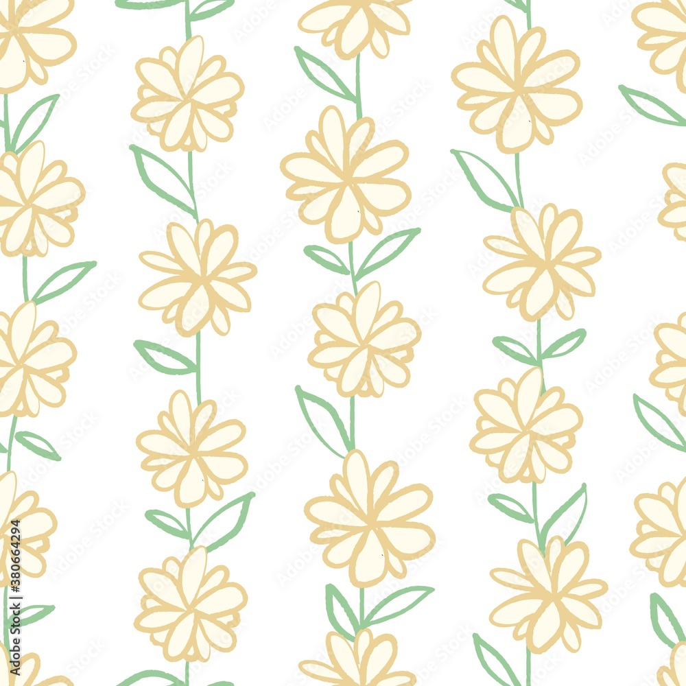 Childish Doodle Vector Seamless Pattern with Simple Yellow Flower Outline Drawing Childish Doodle Vector Seamless Pattern with Simple Yellow Flower Outline Drawing