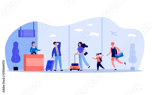 Travelers running for flight registration. Passenger, plane, airport flat vector illustration. Vacation and travel concept for banner, website design or landing web page