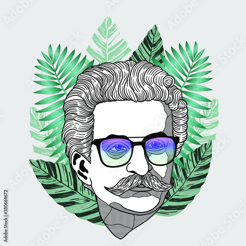 Johann Baptist Strauss. Vector illustration hand drawn. Tropical leaves.