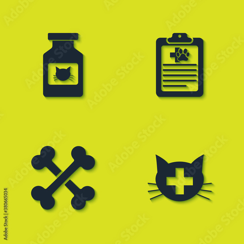 Set Cat medicine bottle, Veterinary clinic, Crossed bones and Clinical record pet icon. Vector.