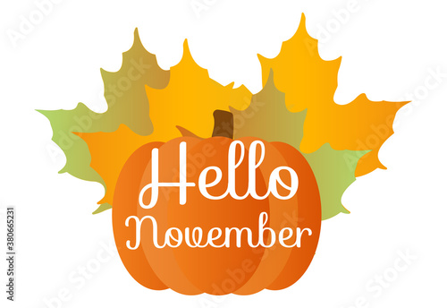 Hello November quote with pumpkin and orange maple leafes