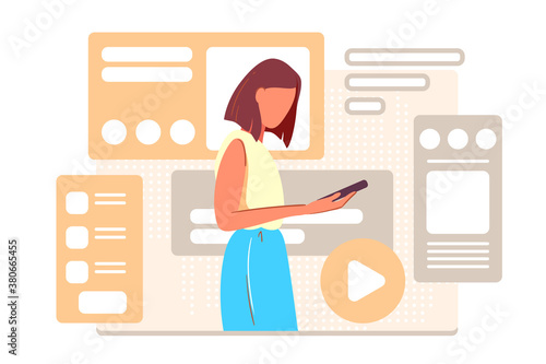 Social media content manager concept. Business analysis, blog strategy and management design. Freelance Marketing Specialist illustration. Woman managing SMM strategy processes cartoon character