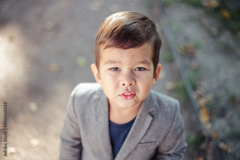 Little boy wearing stylish casual clothes walks in a park. Autumn time, yellow trees Little boy wearing stylish casual clothes walks in a park. Autumn time, yellow trees
