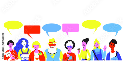 Crowd of people standing with chat bubbles messages to communication. Flat color trends vector illustration.