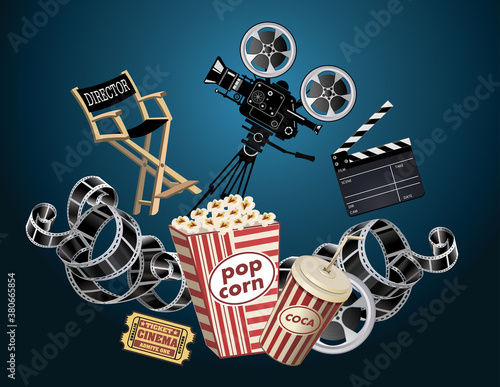 Film Reels, Clapper board and movie projector