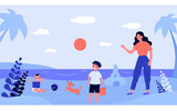 Mother and children playing on sea beach. Sand, toy, baby flat vector illustration. Summer activity and lifestyle concept for banner, website design or landing web page