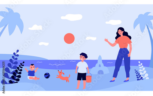 Mother and children playing on sea beach. Sand, toy, baby flat vector illustration. Summer activity and lifestyle concept for banner, website design or landing web page
