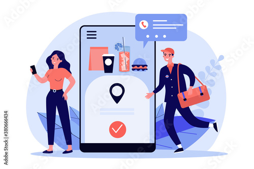Woman ordering food online. Courier, smartphone, express flat vector illustration. Delivery service and shipment concept for banner, website design or landing web page