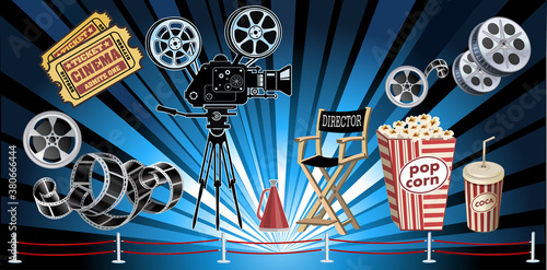 Film Reels, Clapper board and movie projector