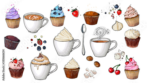 Coffee cup line drawing on a white background. Drink and sweets. Vector image of breakfast. Cup of coffee top view, bun, plate, napkin.