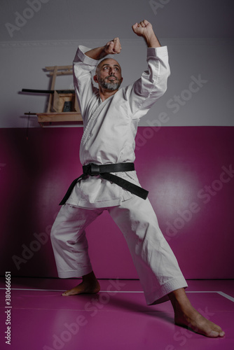 Fotografering Karate master in defensive position, practicing martial arts in his dojo