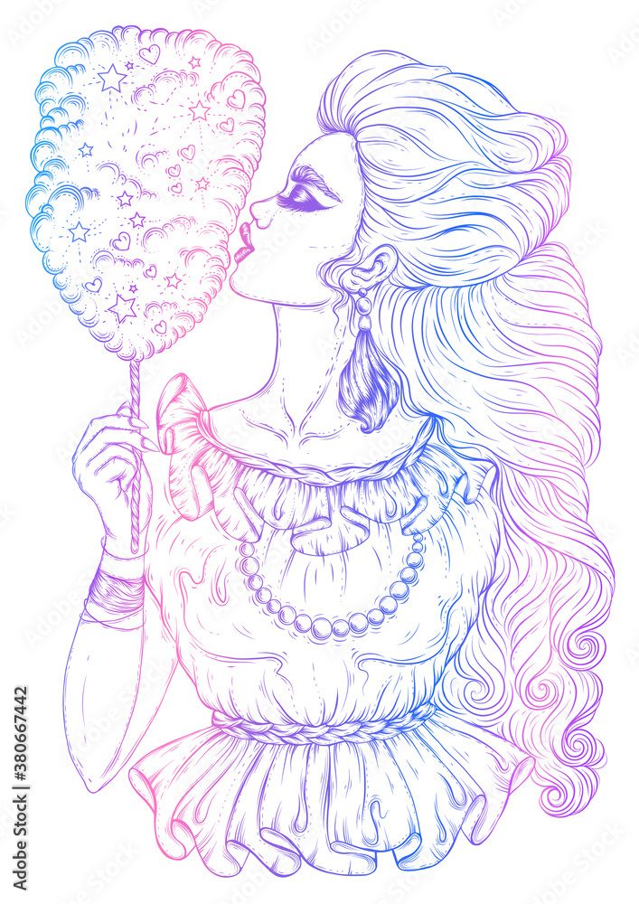 Vector drawn young girl with long wavy developing hair. Woman eating yummy large sweet cotton decorated with sugar stars and hearts. Pattern multicolored fashion model. Decorated graphic print t-shirt Vector drawn young girl with long wavy developing hair. Woman eating yummy large sweet cotton decorated with sugar stars and hearts. Pattern multicolored fashion model. Decorated graphic print t-shirt