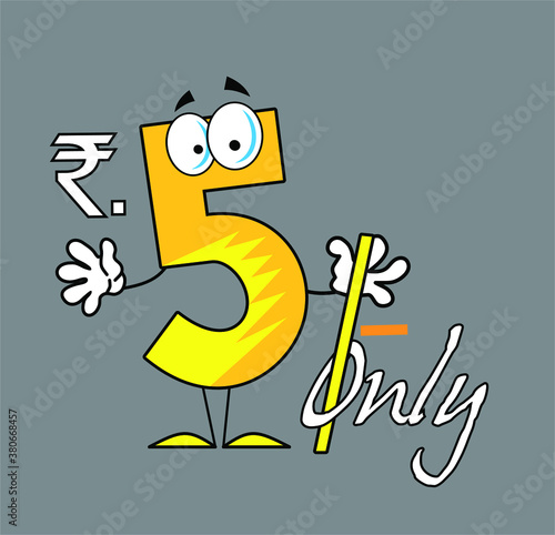 Friendly Number rupees 5 Five Guy With Text, rs 5/- only, indian rupees symbol, holding 5 rupees Indian coin, five rupee coin in vector illustration, price tag, Rupee price tag Icon, Flat money cash