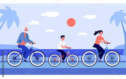 Happy people in different ages cycling along sea. Health, grandfather, boy flat vector illustration. Summer activity and lifestyle concept for banner, website design or landing web page