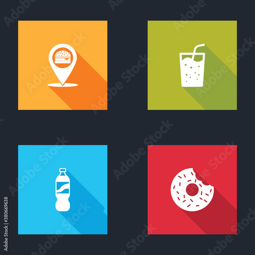 Set Location with burger, Glass water, Bottle of and Donut icon. Vector.