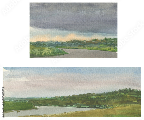 Watercolor drawing of landscapes riverside on overcast summer day