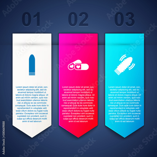 Set Dildo vibrator, Pills for potency and sex games. Business infographic template. Vector.