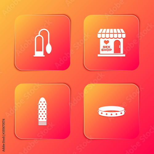 Set Penis pump, Sex shop building, Dildo vibrator and Leather fetish collar icon. Vector.