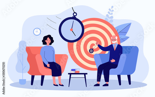 Woman sitting on session of hypnosis therapy isolated flat vector illustration. Cartoon psychologist holding abstract psychedelic whirlpool. Altered state of mind and unconsciousness concept