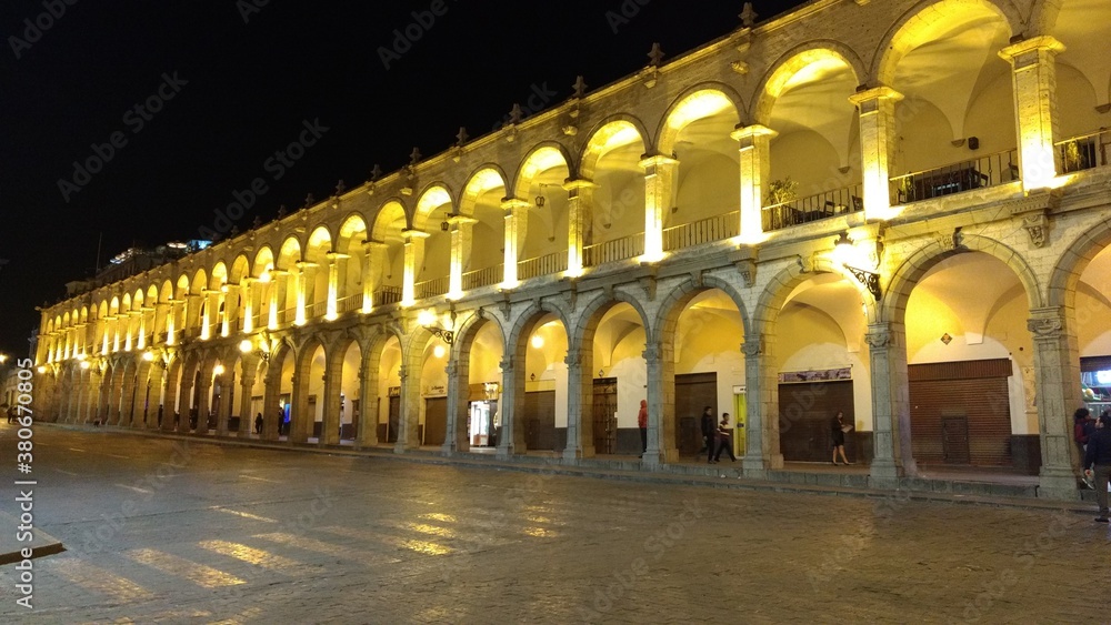 arches of arequipa square at night - plaza de armas south america