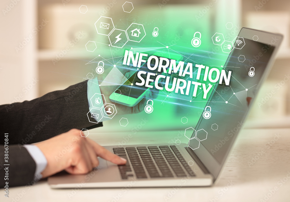 INFORMATION SECURITY inscription on laptop, internet security and data protection concept, blockchain and cybersecurity INFORMATION SECURITY inscription on laptop, internet security and data protection concept, blockchain and cybersecurity