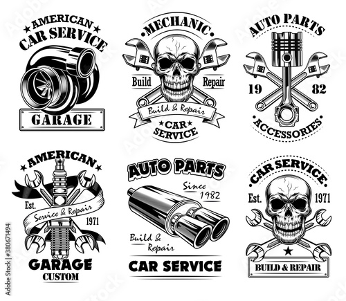 Vintage automobile repair flat badge set. Monochrome garage or auto service emblem with wrench and skull isolated vector illustration collection. Mechanic service and machine concept