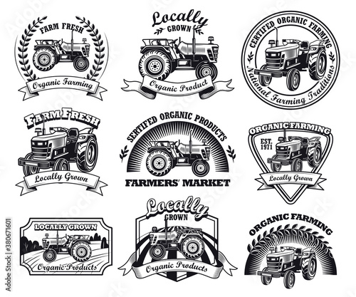 Black retro farm flat labels set. Vintage badges or signs for organic farmer market and ranch with tractor isolated vector illustration collection. Agriculture and machinery concept