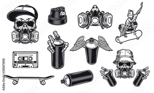 Black and white street graffiti flat sticker set. Monochrome retro skull in respirator, skeleton character and spray paint isolated vector illustration collection. Street art and design for prints