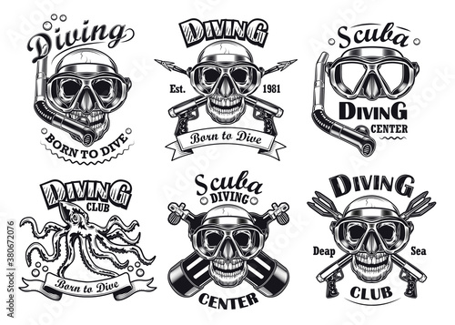 Monochrome diving center flat emblem set. Vintage diver helmets  scuba  octopus and skull in underwater mask isolated vector illustration collection. Design elements for diving brand mark concept
