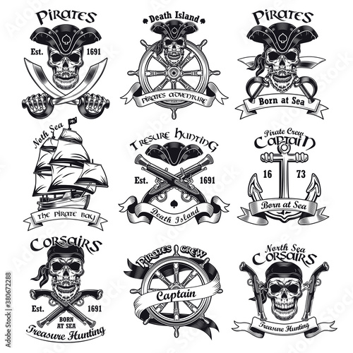 Caribbean pirates flat badges set. Vintage monochrome emblems with captain skull, wheel, gun and anchor isolated vector illustration collection. Marine design and typography concept