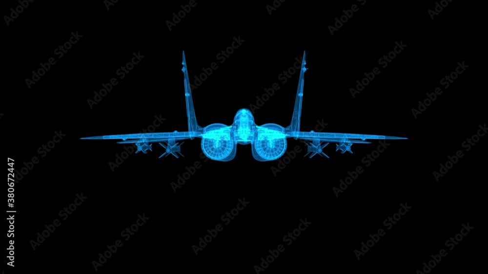 Military plane 3d wireframe with thin blue lines. Aviation futuristic hologram on black background. Loop animation Military plane 3d wireframe with thin blue lines. Aviation futuristic hologram on black background. Loop animation