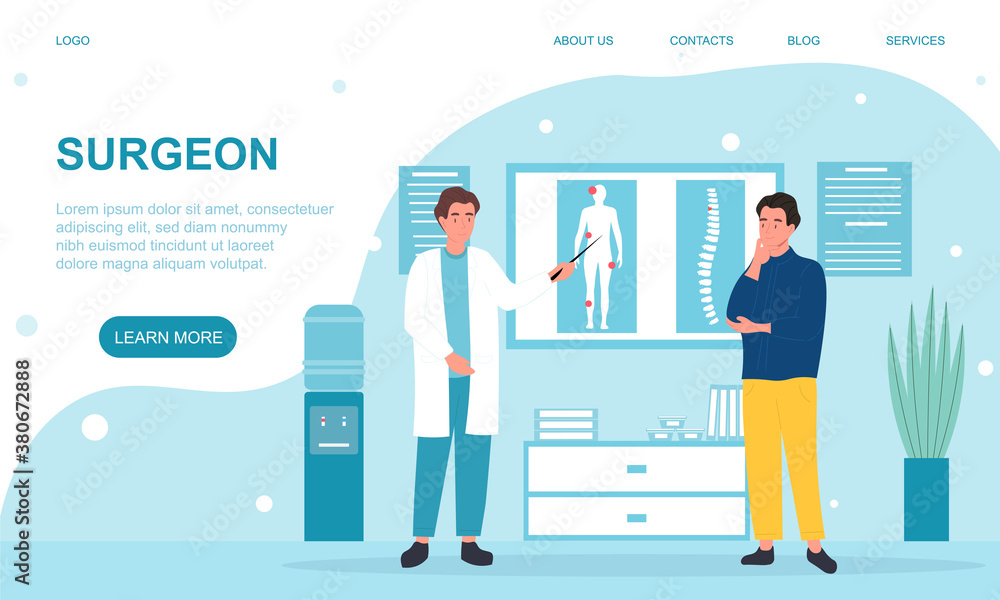 Young man at surgeons reception. Doctor consulting the patient and showing him his x-ray or tomographic images hanging on the wall. Flat vector illustration. Web page template Young man at surgeons reception. Doctor consulting the patient and showing him his x-ray or tomographic images hanging on the wall. Flat vector illustration. Web page template