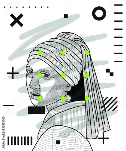 Modern geometric style with dots. Girl with a Pearl Earring.