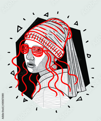 Crazy red style. Girl with a Pearl Earring.