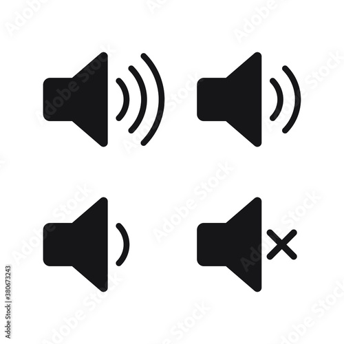 Speaker audio icon set. Volume voice control on off mute symbol. Flat application interface sound sign button. Vector illustration image. Isolated on white background.