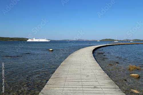 Wooden path to the island to the fortress of St. Nicholas, Croatia