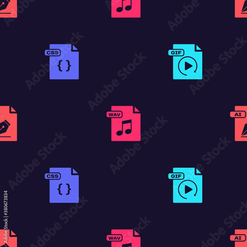Set GIF file document, CSS, WAV and AI on seamless pattern. Vector.