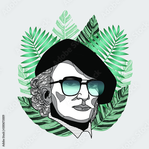 Hipster portrait with glasses and tropical leaves. Summer style. Wilhelm Richard Wagner.