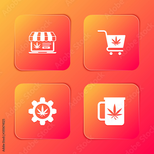 Set Online buying marijuana, Shopping cart with, Test tube and Cup tea icon. Vector.